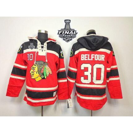 Blackhawks #30 ED Belfour Red Sawyer Hooded Sweatshirt 2015 Stanley Cup Stitched NHL Jersey