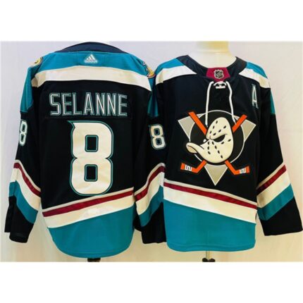 Men's Anaheim Ducks #8 Teemu Selanne Black/Teal Stitched Jersey