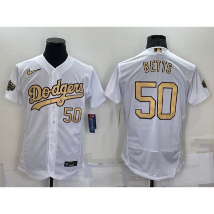 Men's Los Angeles Dodgers #50 Mookie Betts 2022 All-Star White Flex Base Stitched Baseball Jersey